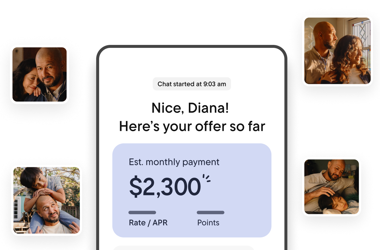 Mockup of a mobile chat screen showing a mortgage offer with an estimated monthly payment.
