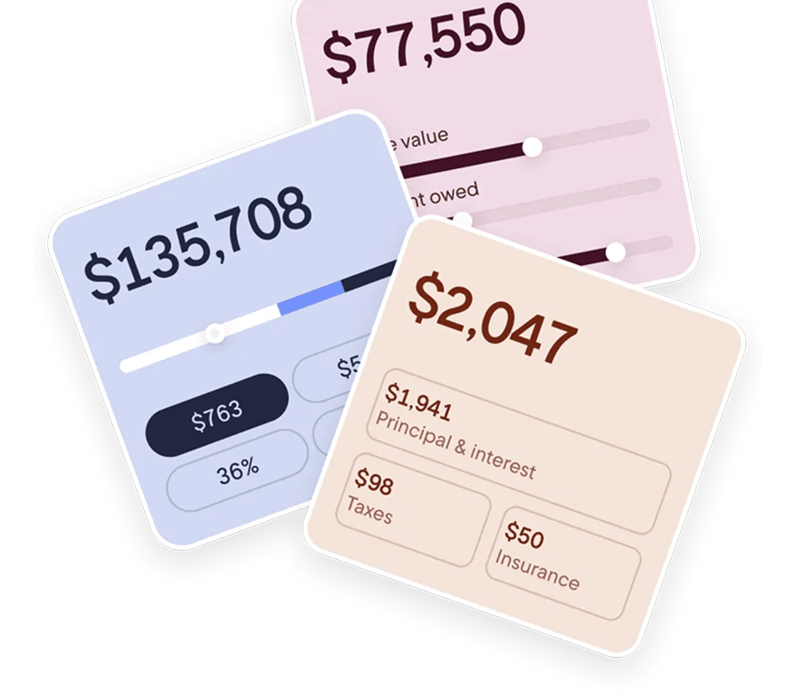 Three calculator cards showing home value, loan amount, and monthly payment details.