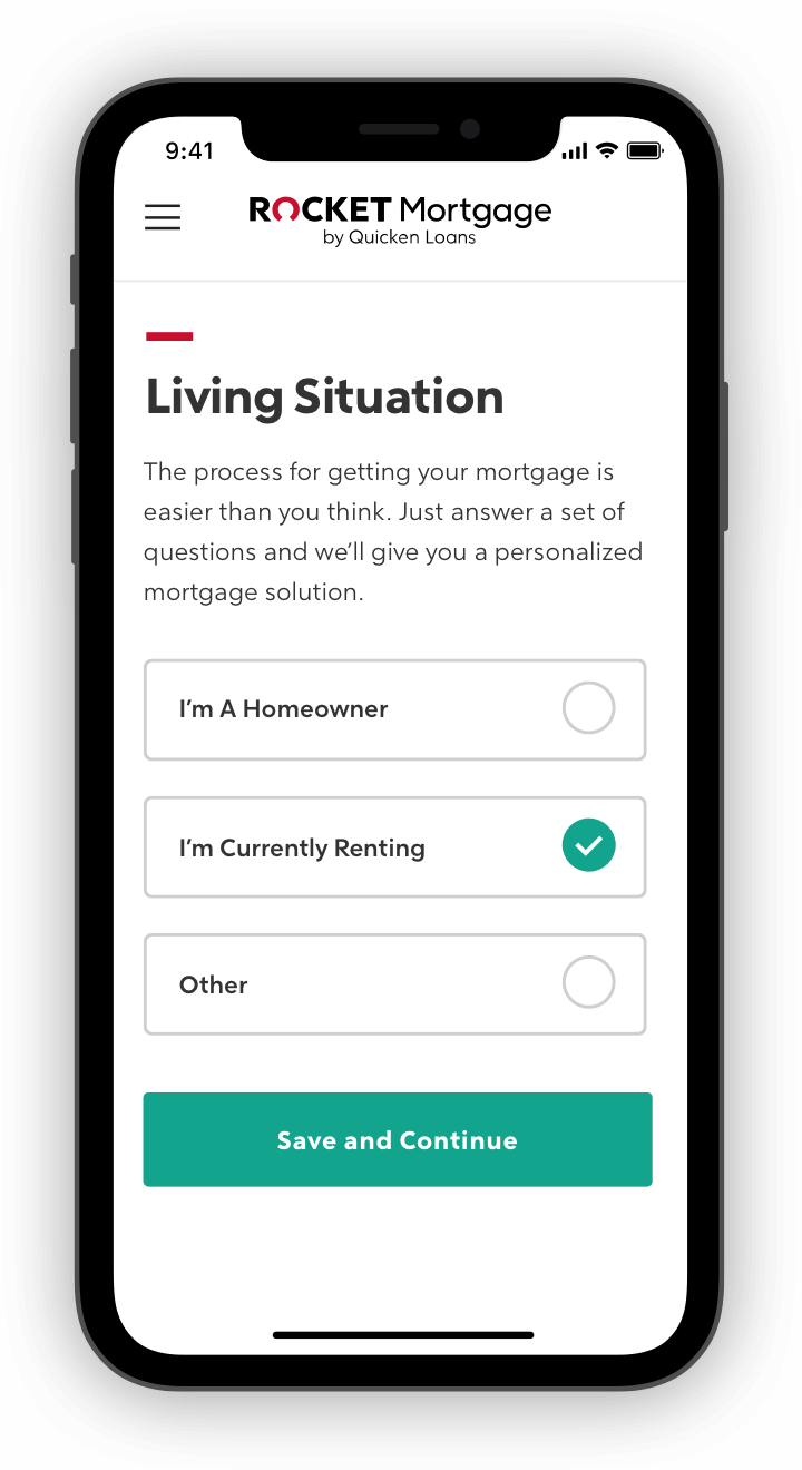 Rocket Mortgage application with living situation questions on phone screen.