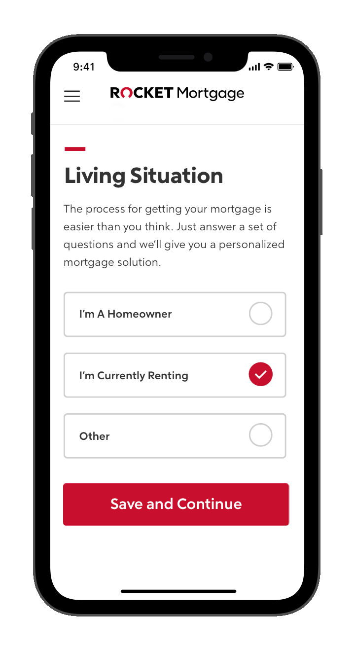 Rocket Mortgage application with living situation questions on phone screen.