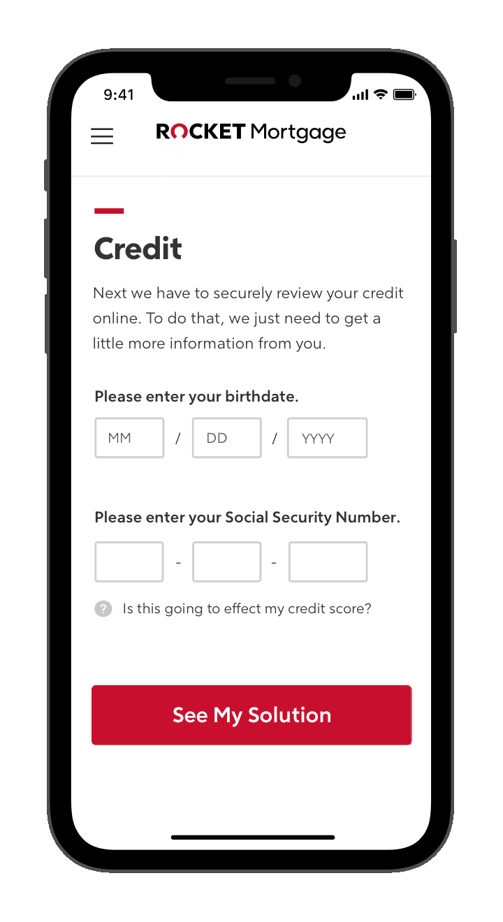 Rocket Mortgage application with credit question on phone screen.