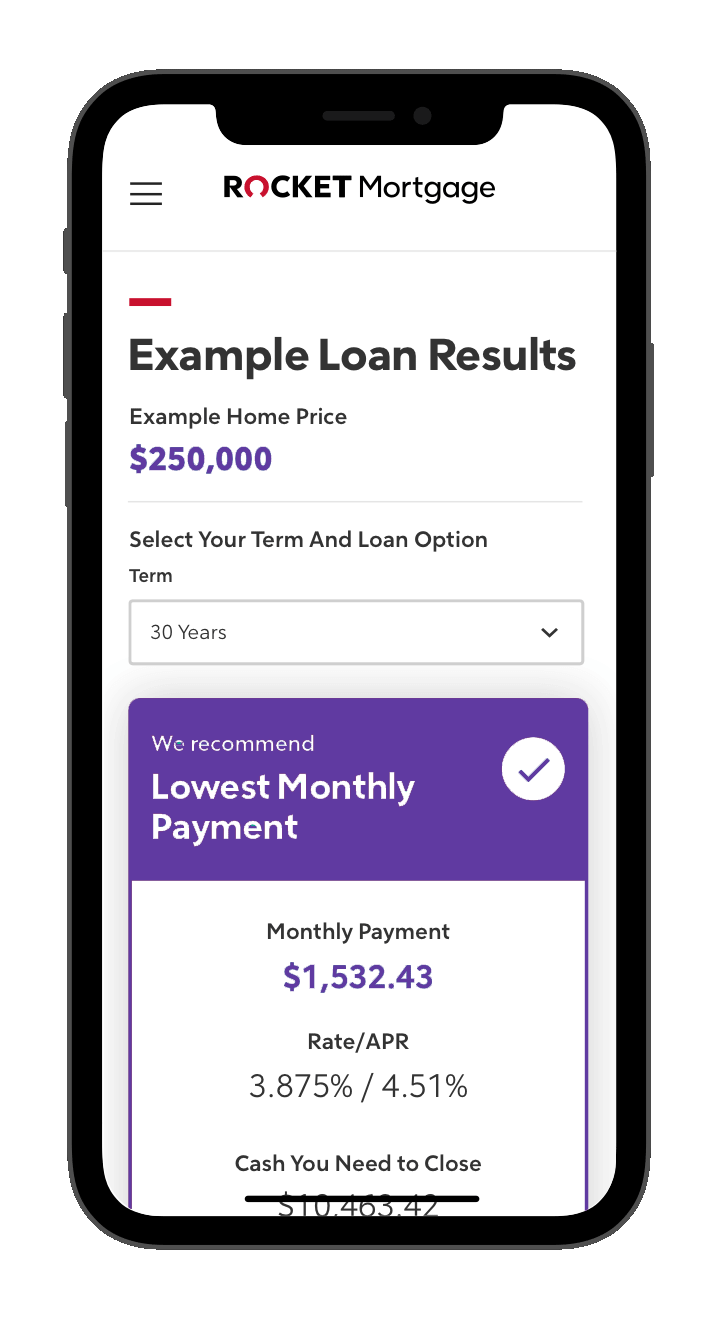 Rocket Mortgage application with loan options on phone screen.