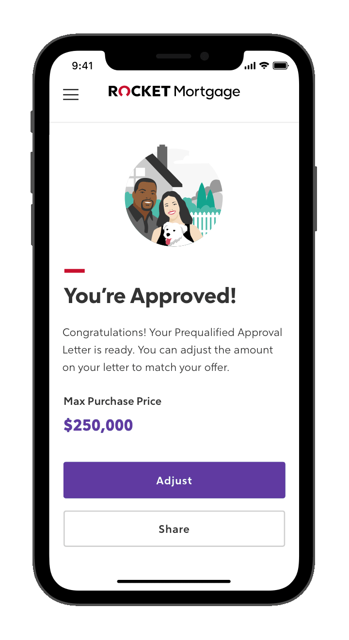 Rocket Mortgage application with purchase price on phone screen.