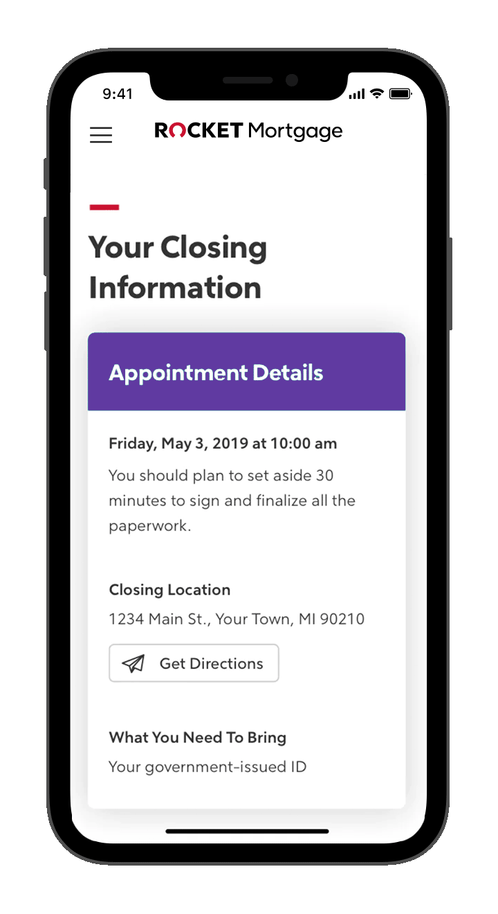 Rocket Mortgage application closing information on phone screen.