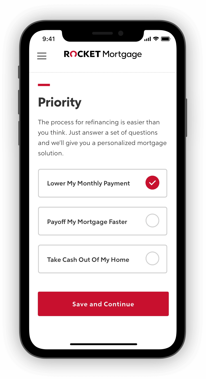 Rocket Mortgage application with questions about priority on phone screen.