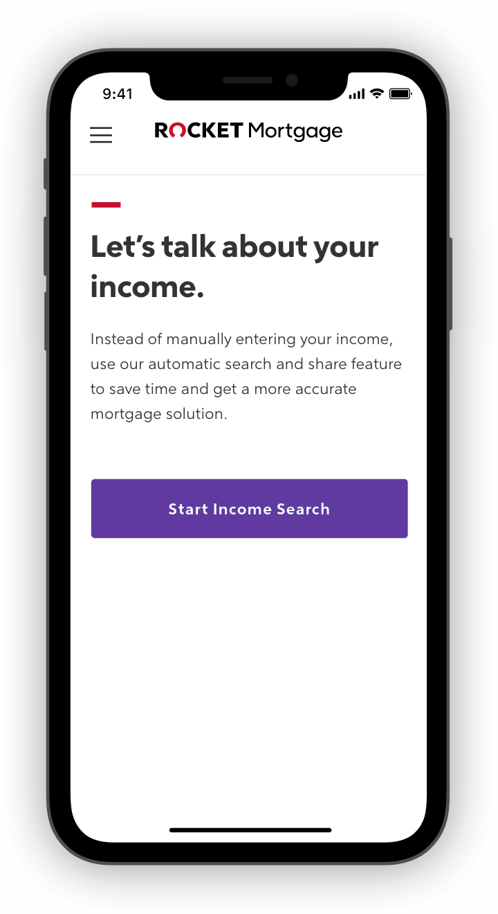 Rocket Mortgage application with income questions on phone screen.