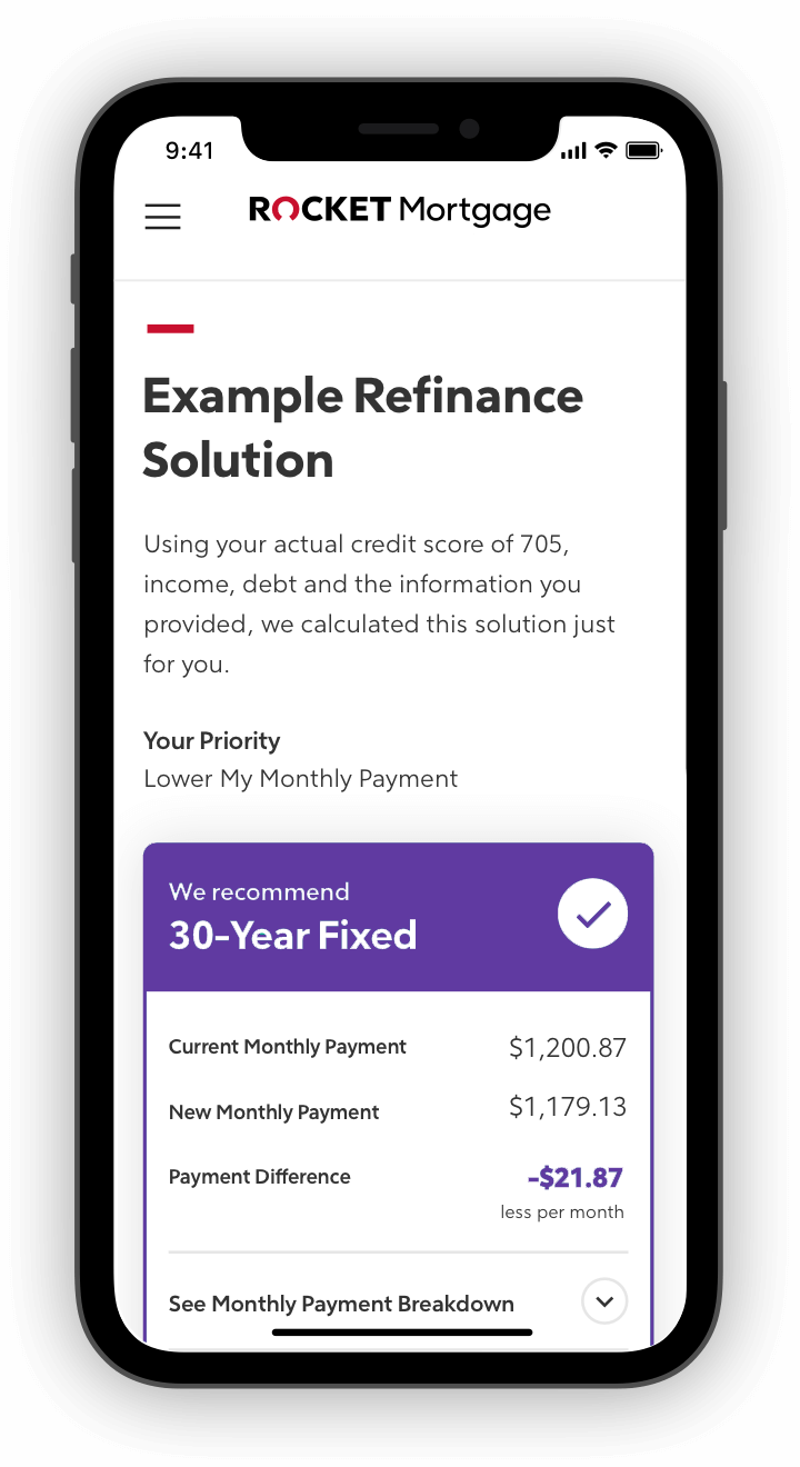 Rocket Mortgage application with example refinance solutions on phone screen.