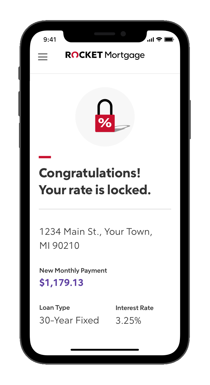 Rocket Mortgage application showing your rate is locked on phone screen.
