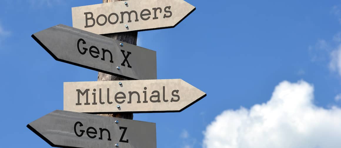 Wooden post with four arrow signs pointing in different directions and reading Boomers, Gen X, Millennials or Gen Z.