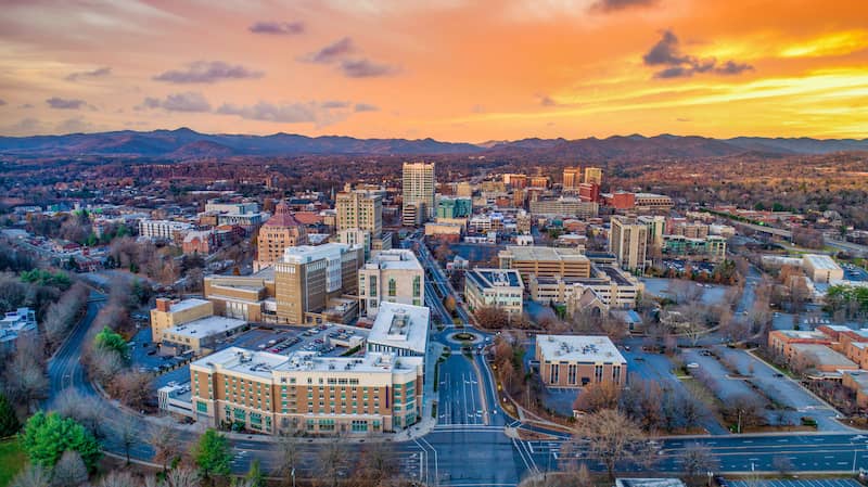aerial shot of Asheville, North Carolina skyline