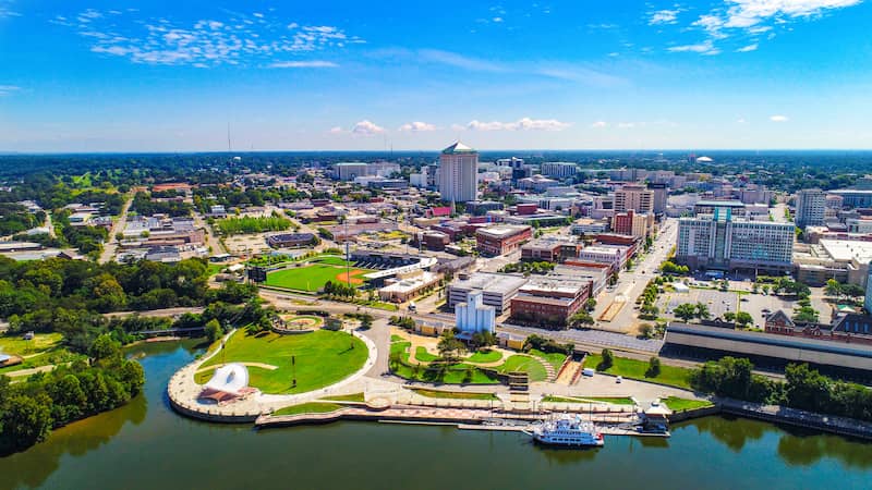 Aerial view of Downtown Montgomery with waterfront, park and baseball field.