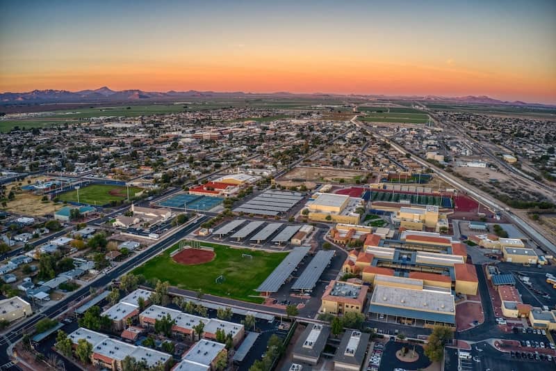 Aerial view of sunrise over the Phoenix suburb of Buckeye Arizona