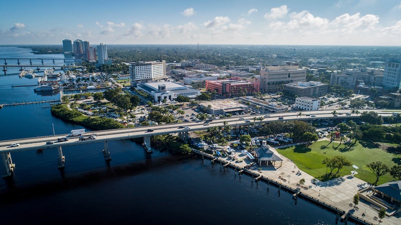 Aerial view of downtown Fort Myers Florida from water.