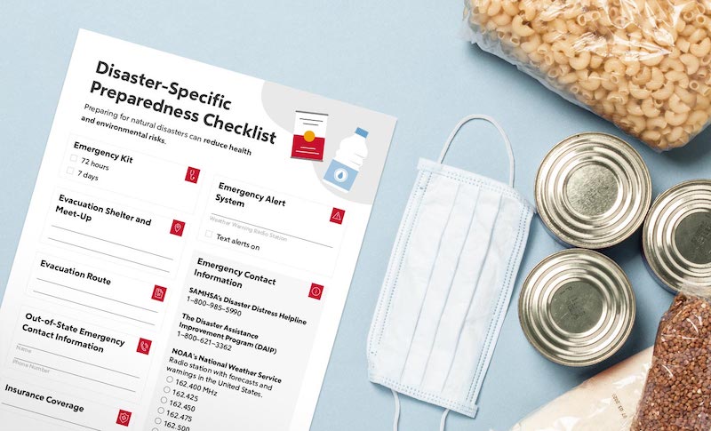 Checklist on table with mask, canned food and macaroni