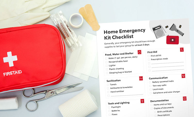 First Aid pouch next to a first aid kit checklist
