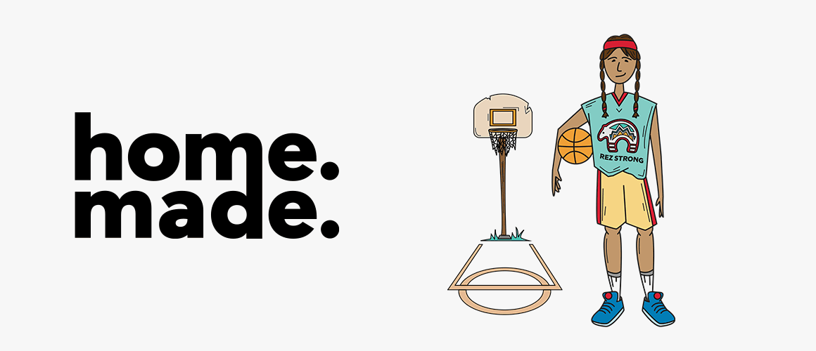 Home. Made. Podcast Season 2 Episode 1 graphic of Quiana Dishface holding basketball near basketball net.