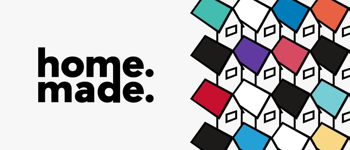 Home. Made. Podcast featured image graphic with houses