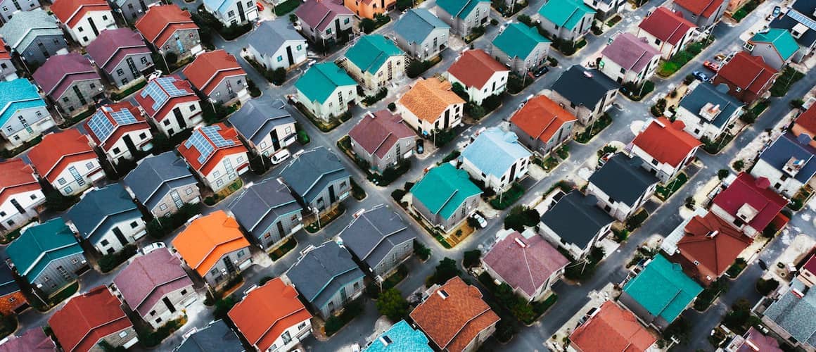 Roofs of colorful houses in a neighborhood.