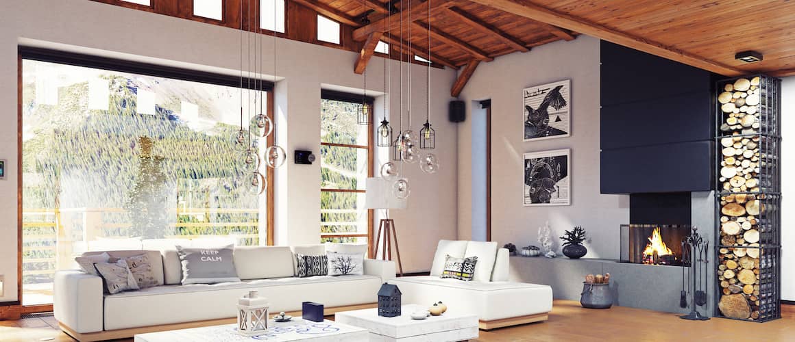 Interior of high ceilinged open concept living room