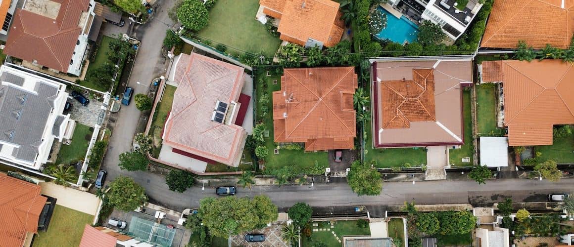 Aerial shot of suburban neighborhood.
