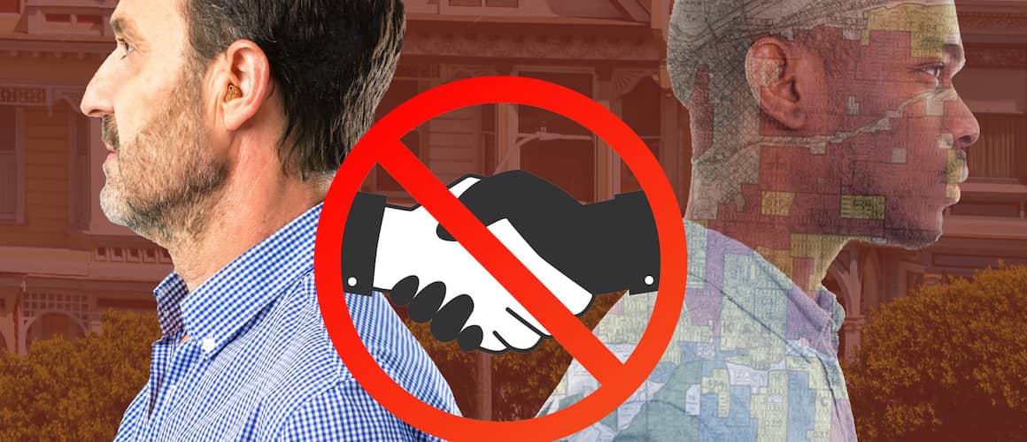 White and Black man stand back-to-back; red circle with a line through it shows white and Black handshake.