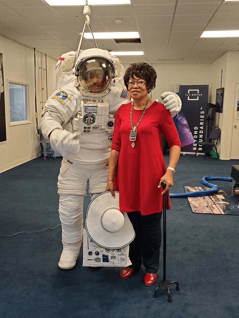 Jeanne with an astronaut at ILC Dover, the supplier of NASA’s space suits since the dawn of the Apollo program.