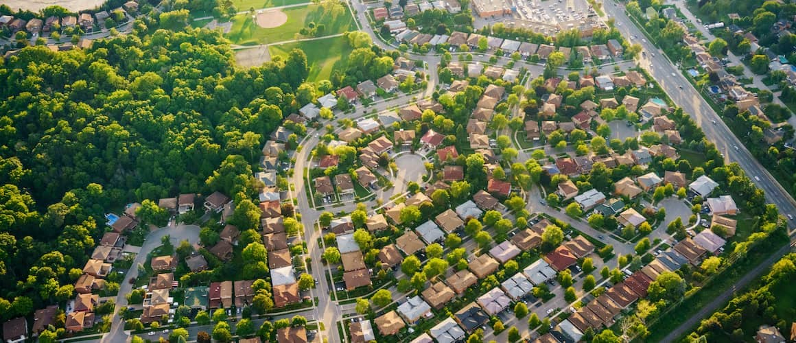 Aerial drone shot of a large neighborhood in Toronto, Canada.