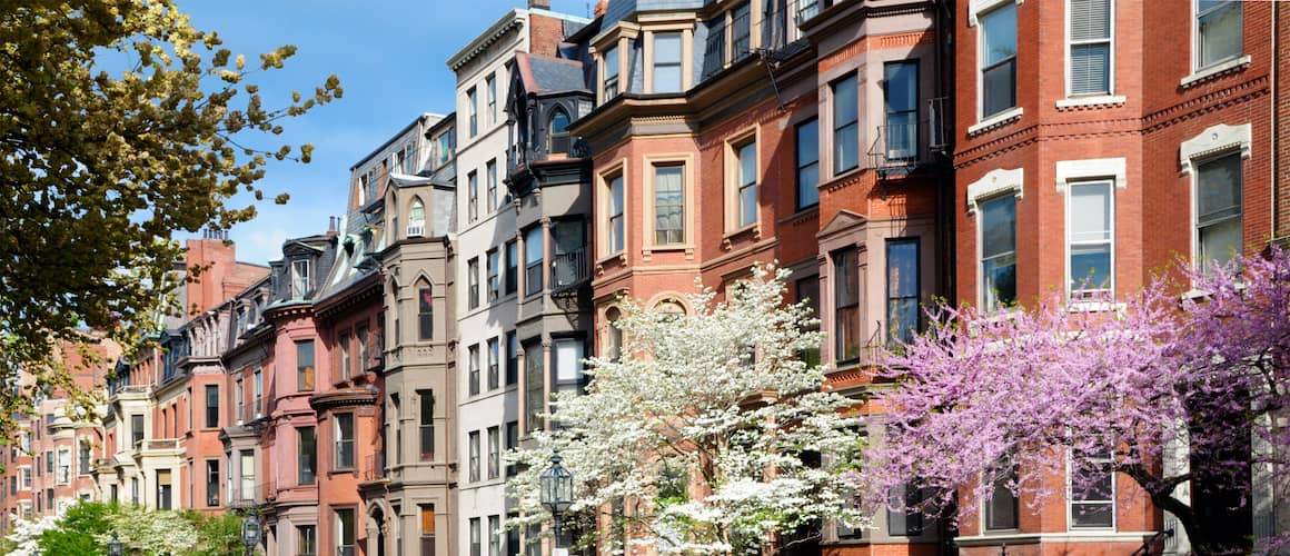 Boston back bay apartment buildings in the spring.
