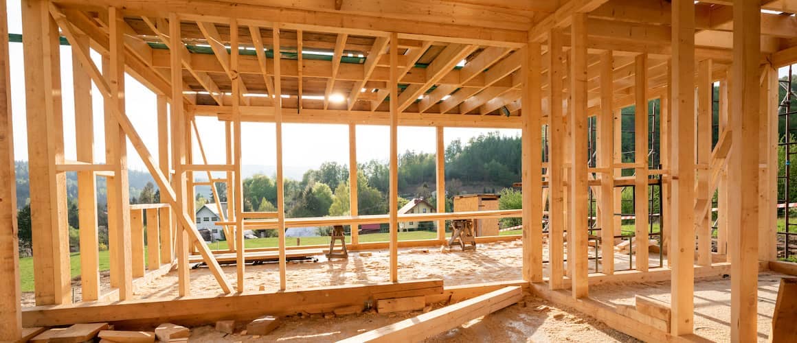 Wood interior frame of a new home under construction.