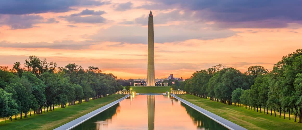 National Mall in Washington, DC at sunset.