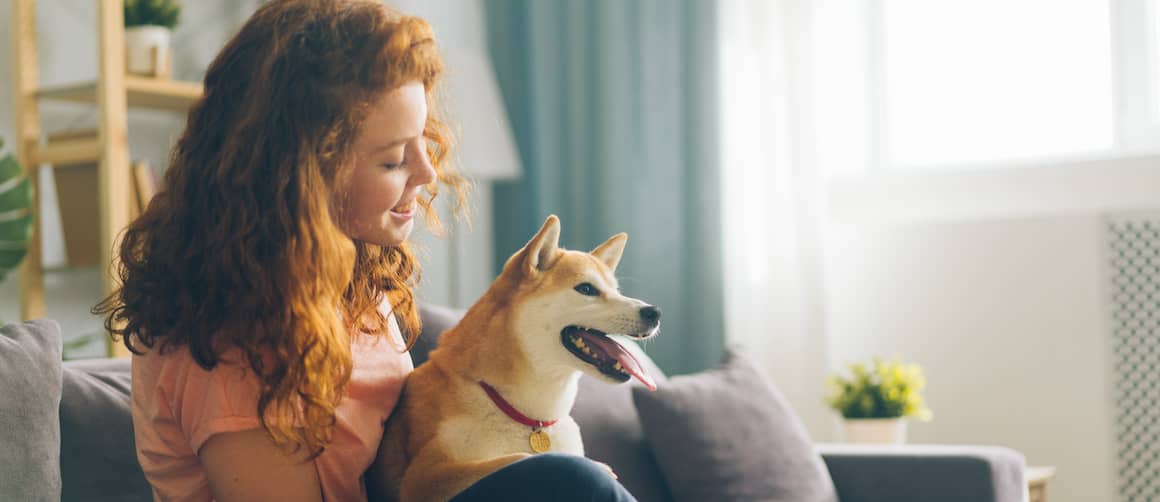 Young woman with curly red hair sitting on couch with shiba inu dog.