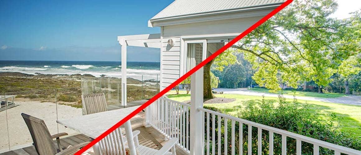 Side by side comparison of beachfront home and home with porch overlooking suburban green lawn.